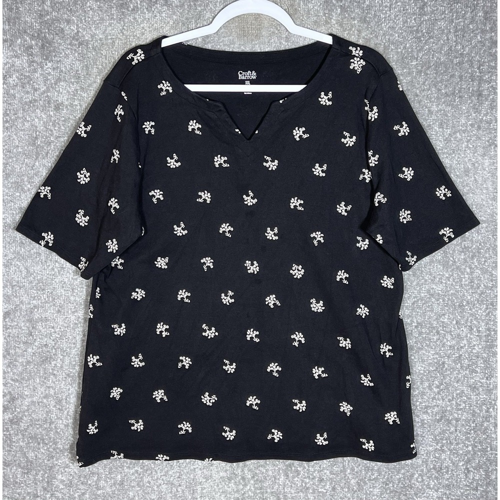 Croft & Barrow Classic Splitneck Top Womens Size XXL Black Floral Short Sleeve